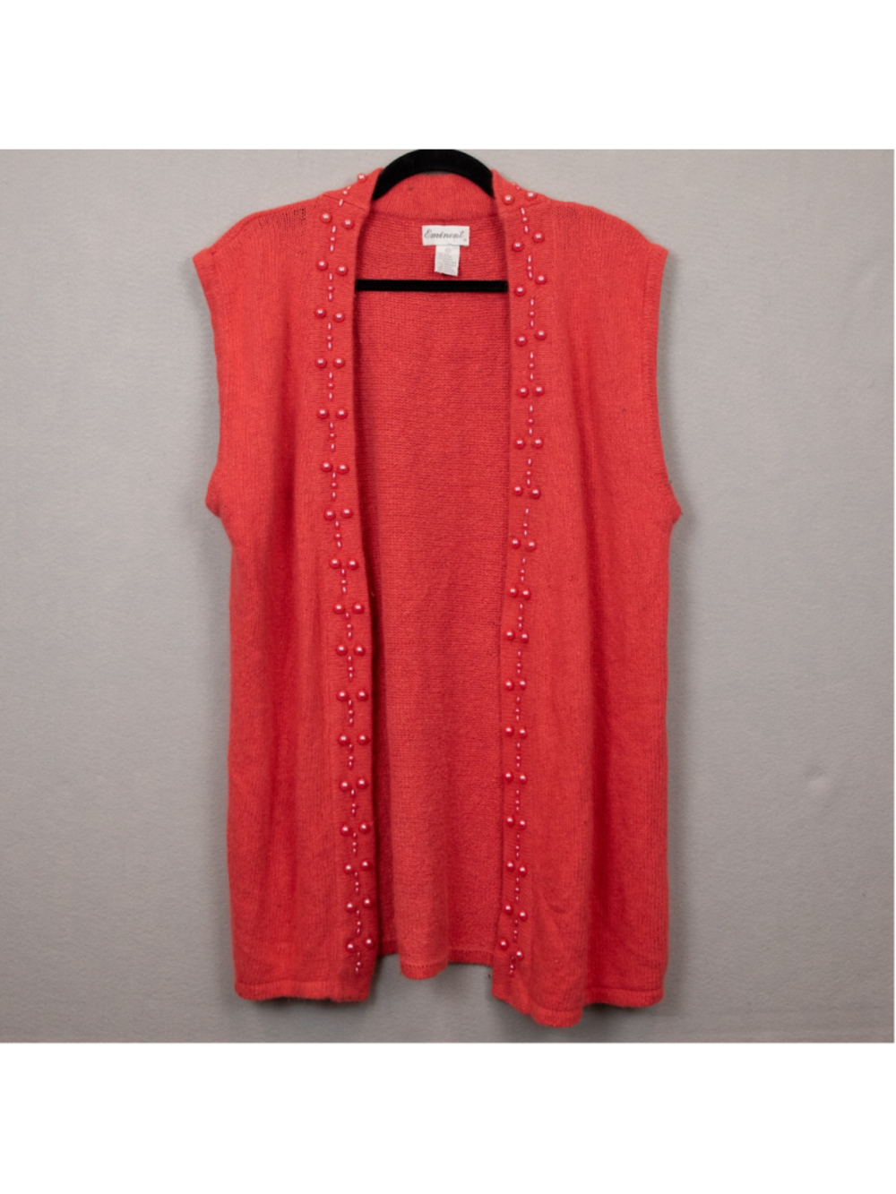 Eminent coral beaded sleeveless silk angora wool blend open cardigan-L